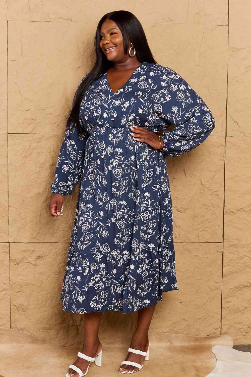 HEYSON Night Out Full Size Balloon Sleeve Floral Midi Dress